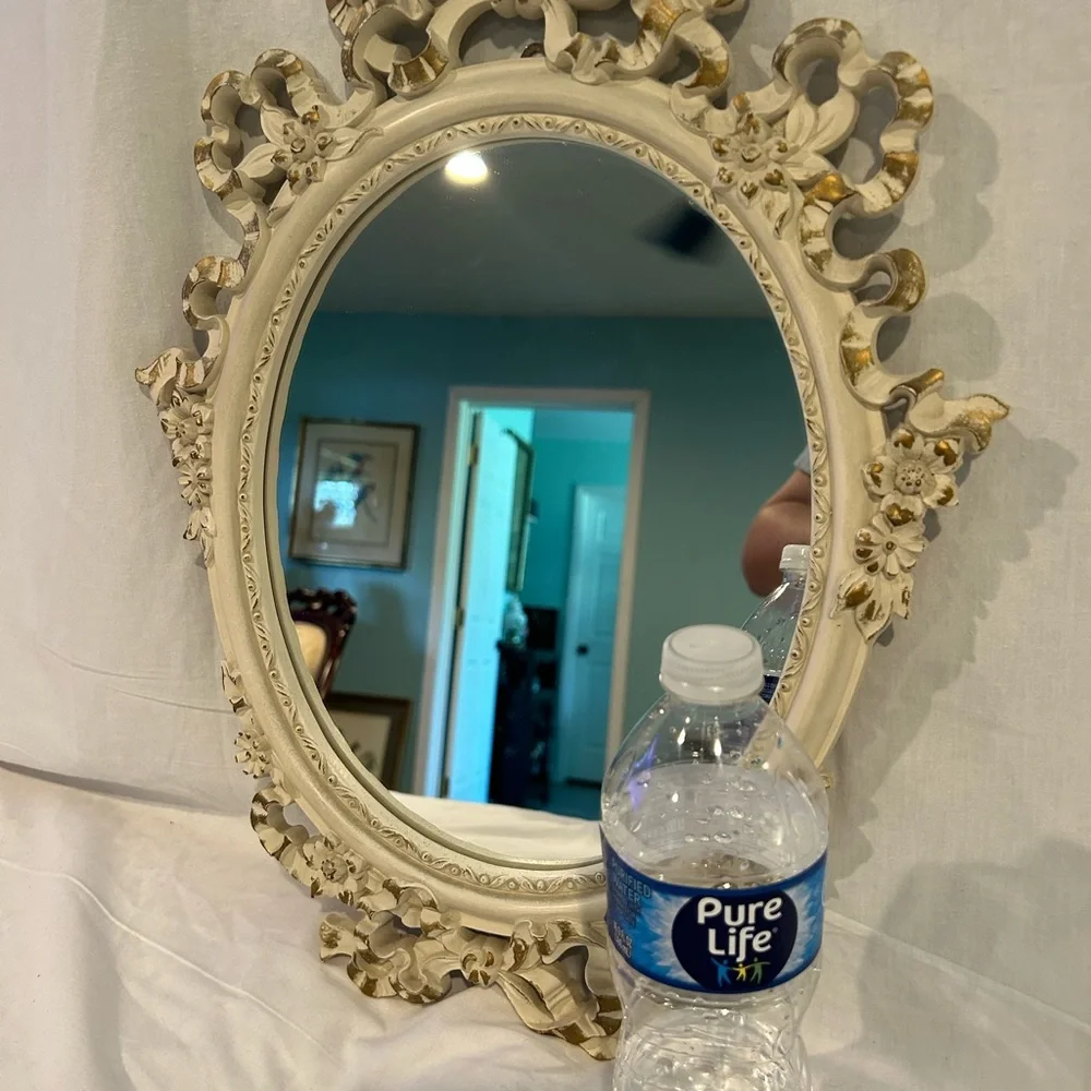 Vintage Syroco wood white and gold frame mirror, Victorian, bow